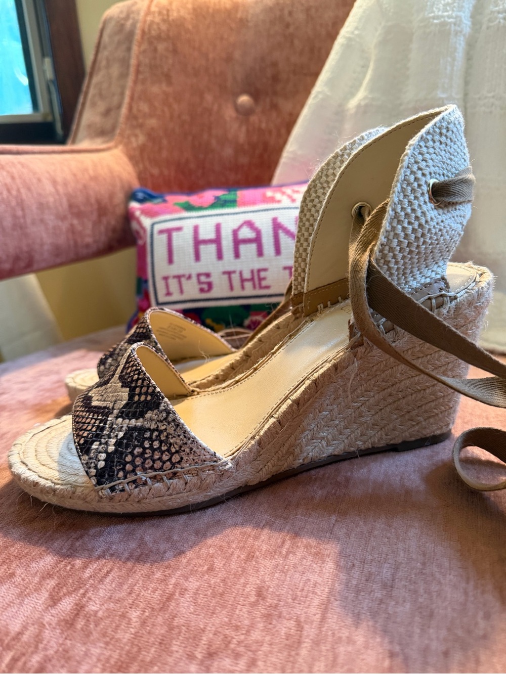 Vince Camuto “Levernta” Tan Espadrille Wedges with Neutral Snake Print 8.5